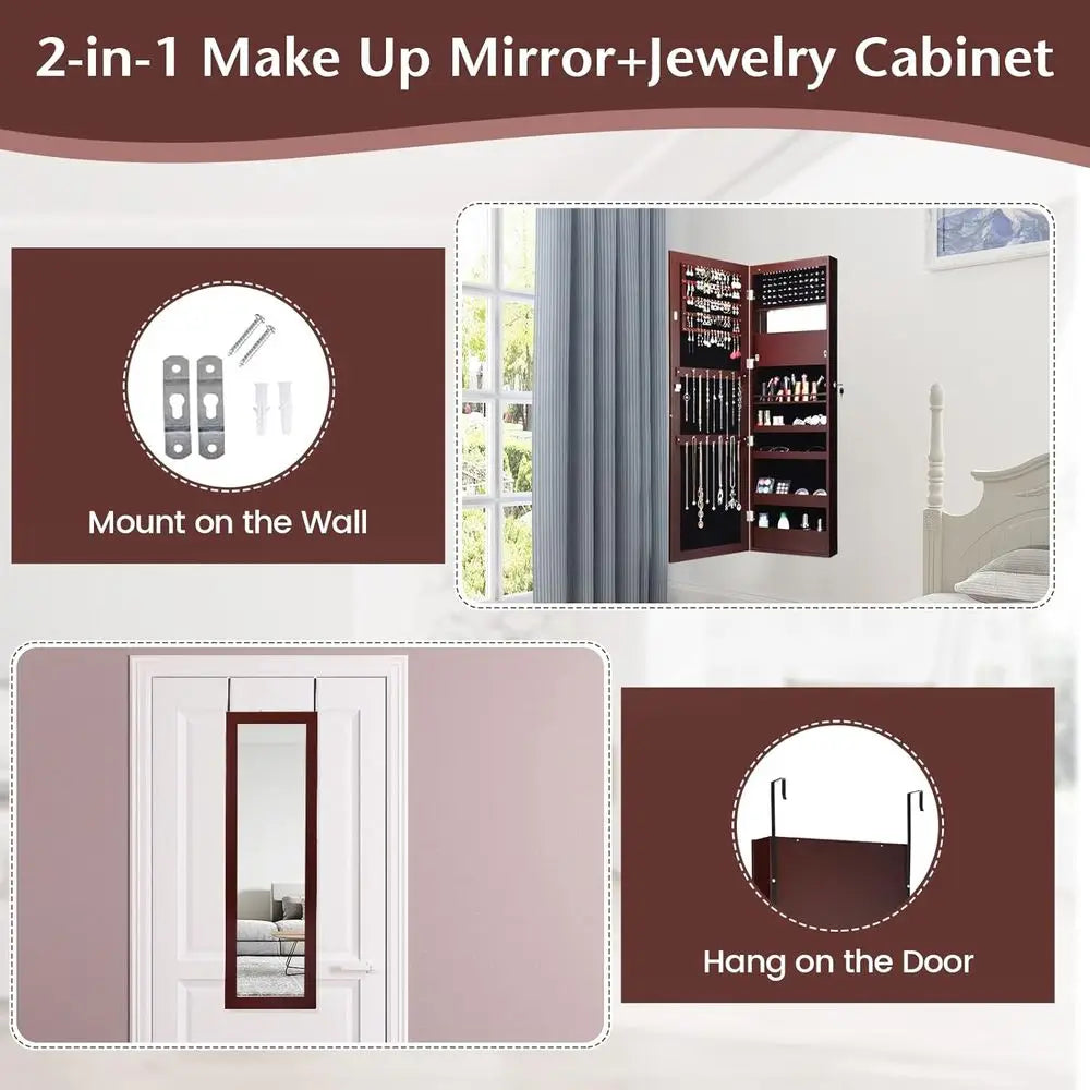 53.5" Full-Length Mirror Jewelry Cabinet with 12 LED Lights | Wall or Door Mounted Lockable Armoire