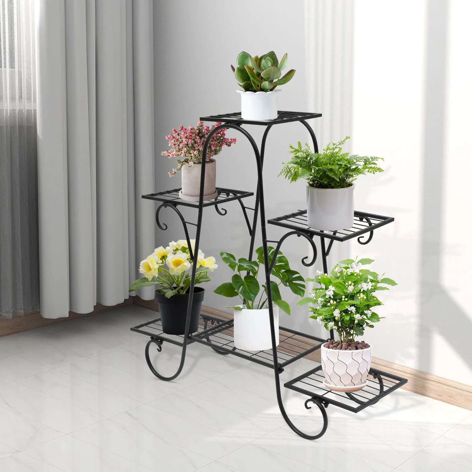 Modern Nordic Style Iron Square Plant Stand, 6-Tier Black Baking Lacquer Shelf, Holder for Plants Decor, Max Load 10kg per Tier