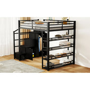 Full Size Metal Loft Bed with Storage Shelves, Cabinets and Wardrobe, Black