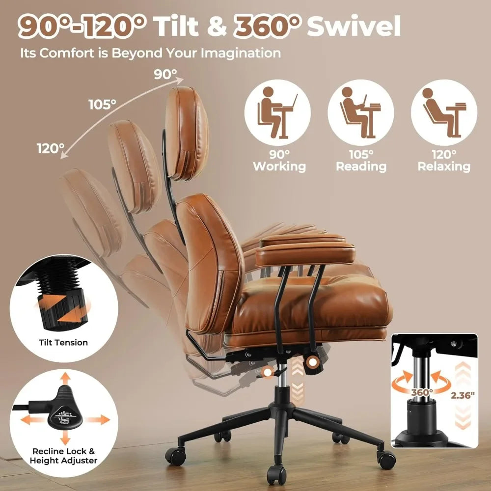 Ergonomic Home Office Chair, Mid-Century Modern Leather Chair with Lumbar Support, High Back Swivel Rolling Executive Chair
