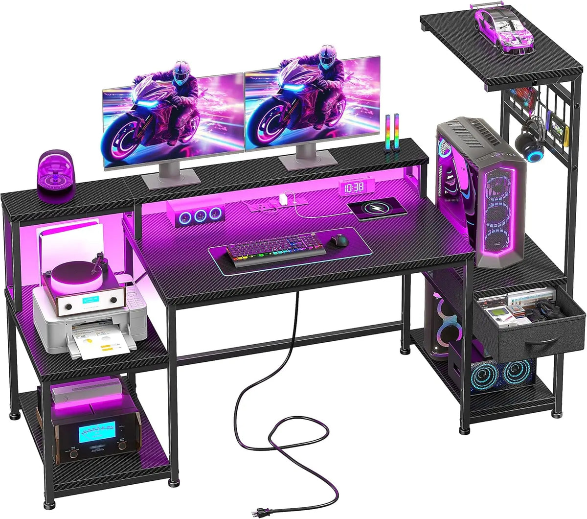 55" Gaming Desk with LED Lights & Outlets,Computer Desk with Drawers & Monitor Stand,Gaming Table with Storage Shelves