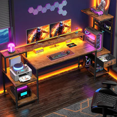 55" Gaming Desk with LED Lights & Outlets,Computer Desk with Drawers & Monitor Stand,Gaming Table with Storage Shelves