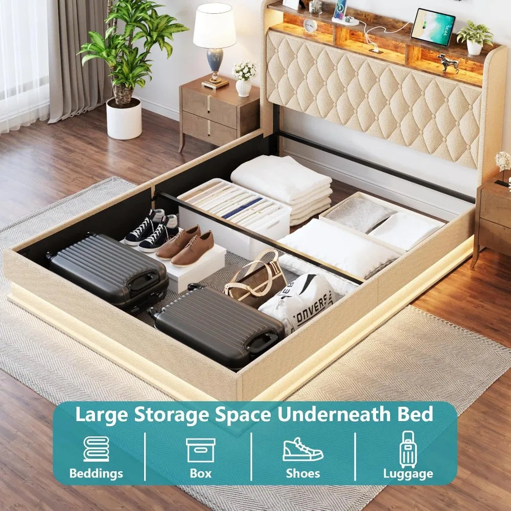 Full Bed Frame with Storage, LED Lights, and Charging
