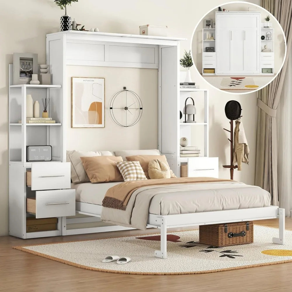 Full Murphy Bed with Storage Shelves, Drawers, LED Light, and Flexible Slats Support