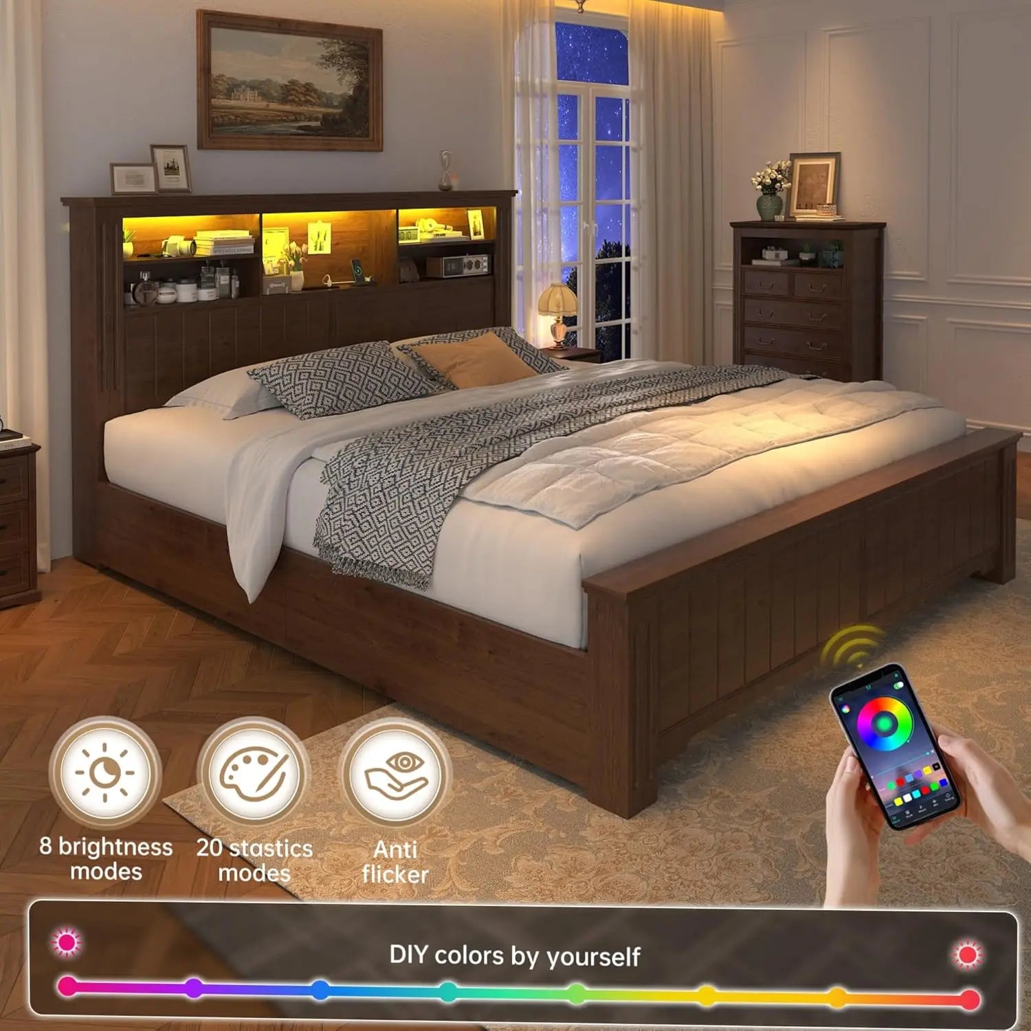 Queen Bed Frame with 4 Storage Drawers, LED lights, Headboard, and Charging Station