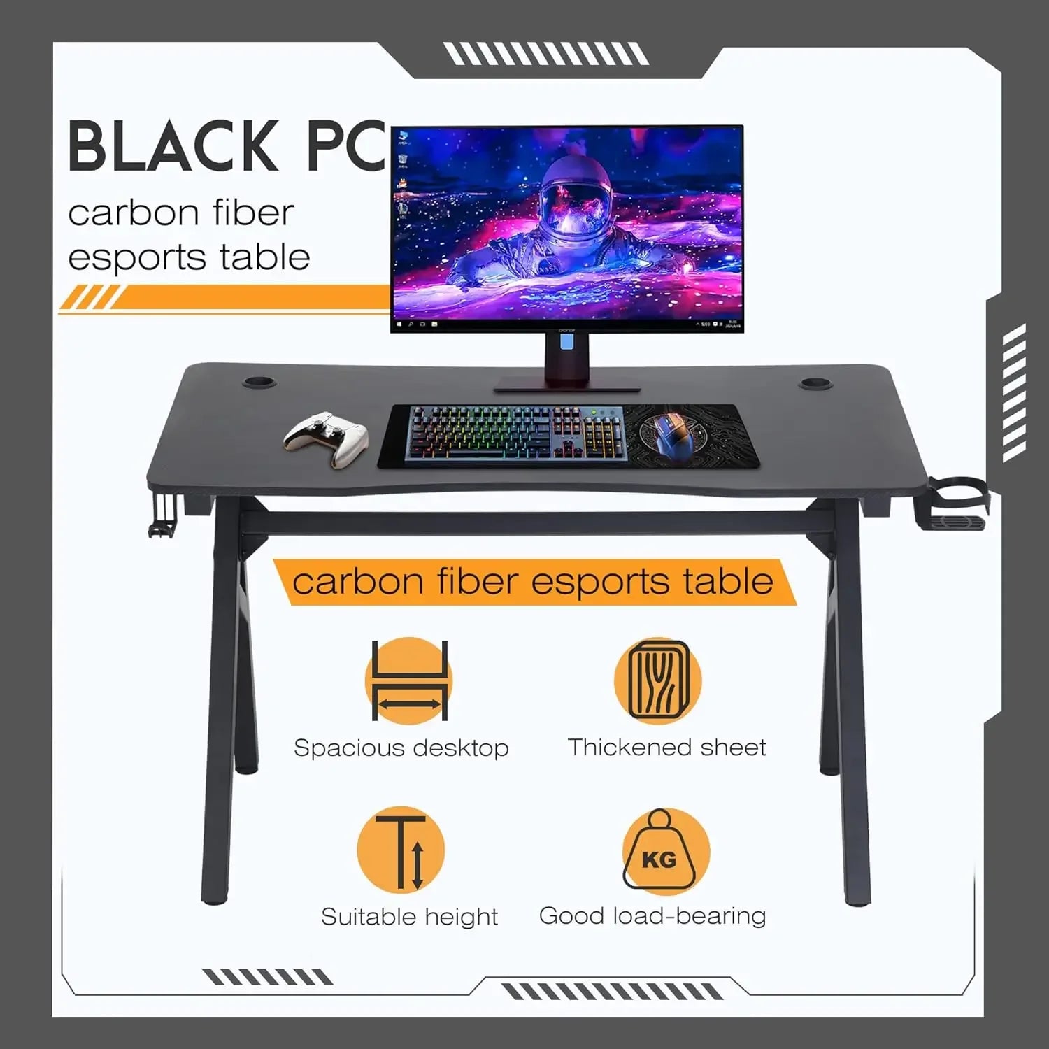 47 Inch Home Office Desk Extra Large Modern Ergonomic  PC Carbon Fiber Table Gamer Workstation with Cup Holder Headphone Hook