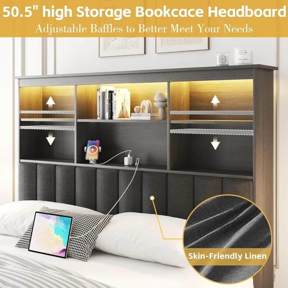 Multi-Functional Storage Bed with Bookcase Headboard, 4 Lockable Drawers, Built-In Charging Station, RGB LED Lights – Modern Platform Bed for Bedroom, USB & AC Outlets Included