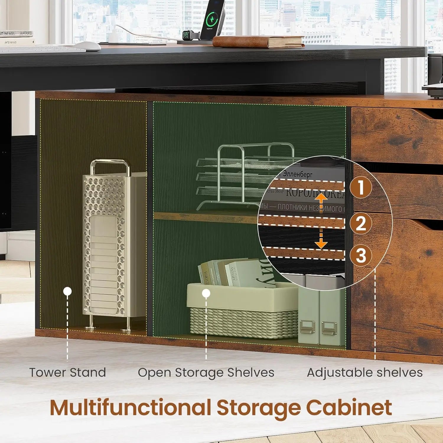 FurnishSpot® Executive L-Shaped Desk with File Drawer, Storage Cabinet & Built-In Charging Station