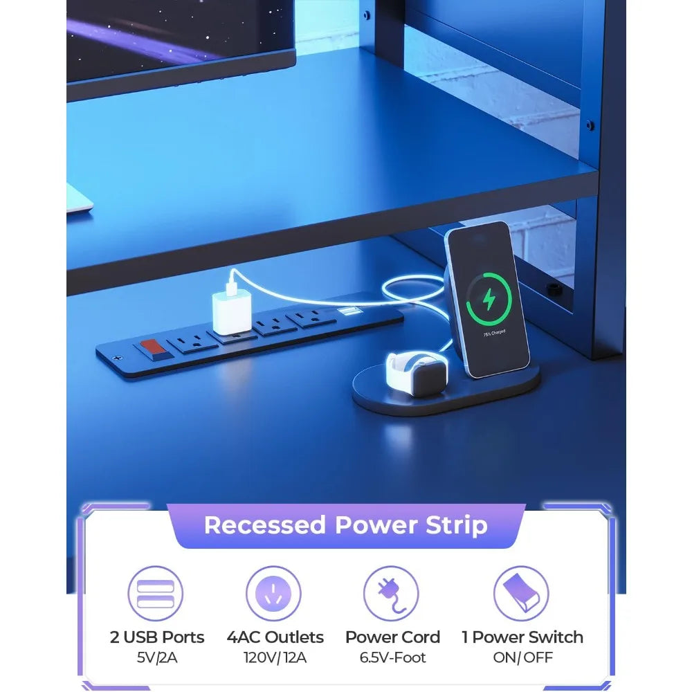 Gaming Desk 74.8'' with LED Lights, Hutch and Storage Shelves, Computer Desk with Monitor Stand, Large PC Gamer Desk Workstatio