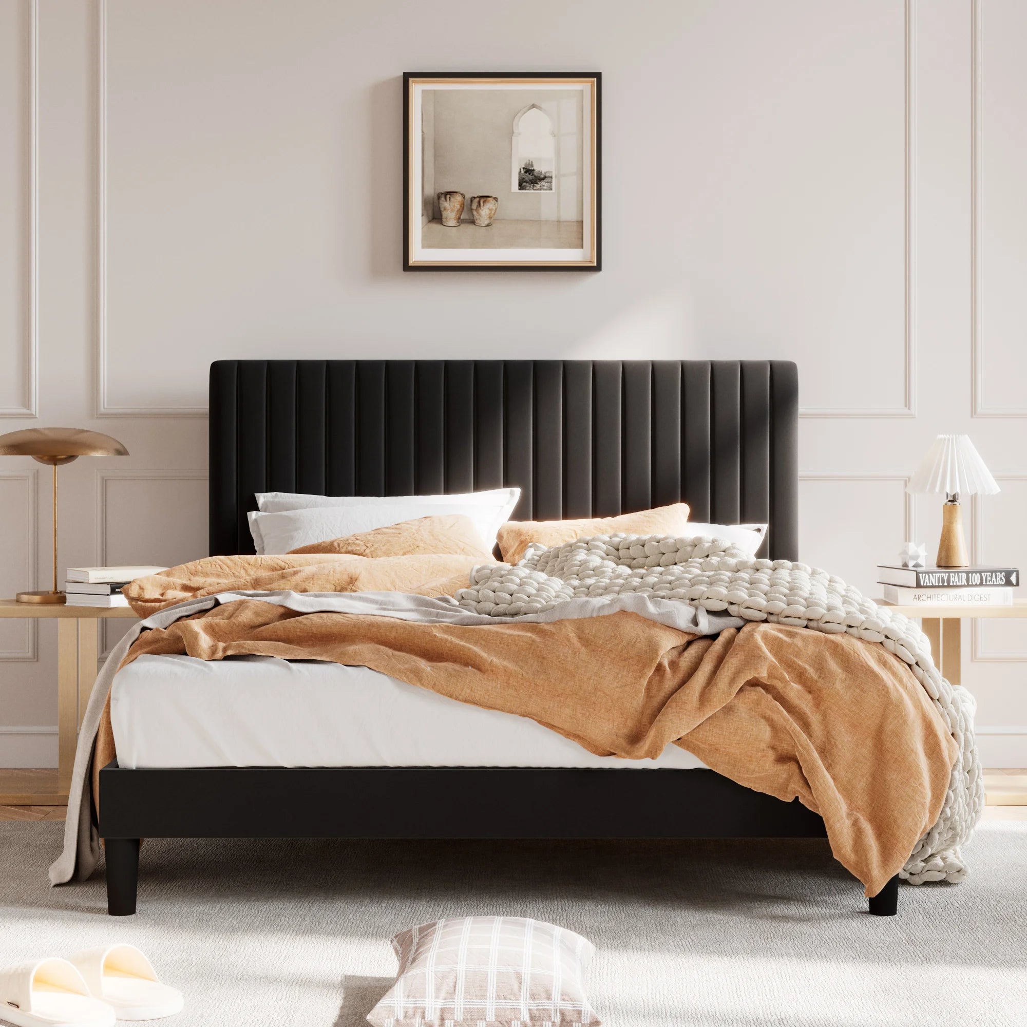 Upholstered Platform Bed Frame with Vertical Channel Tufted Velvet Fabric Adjustable Headboard
