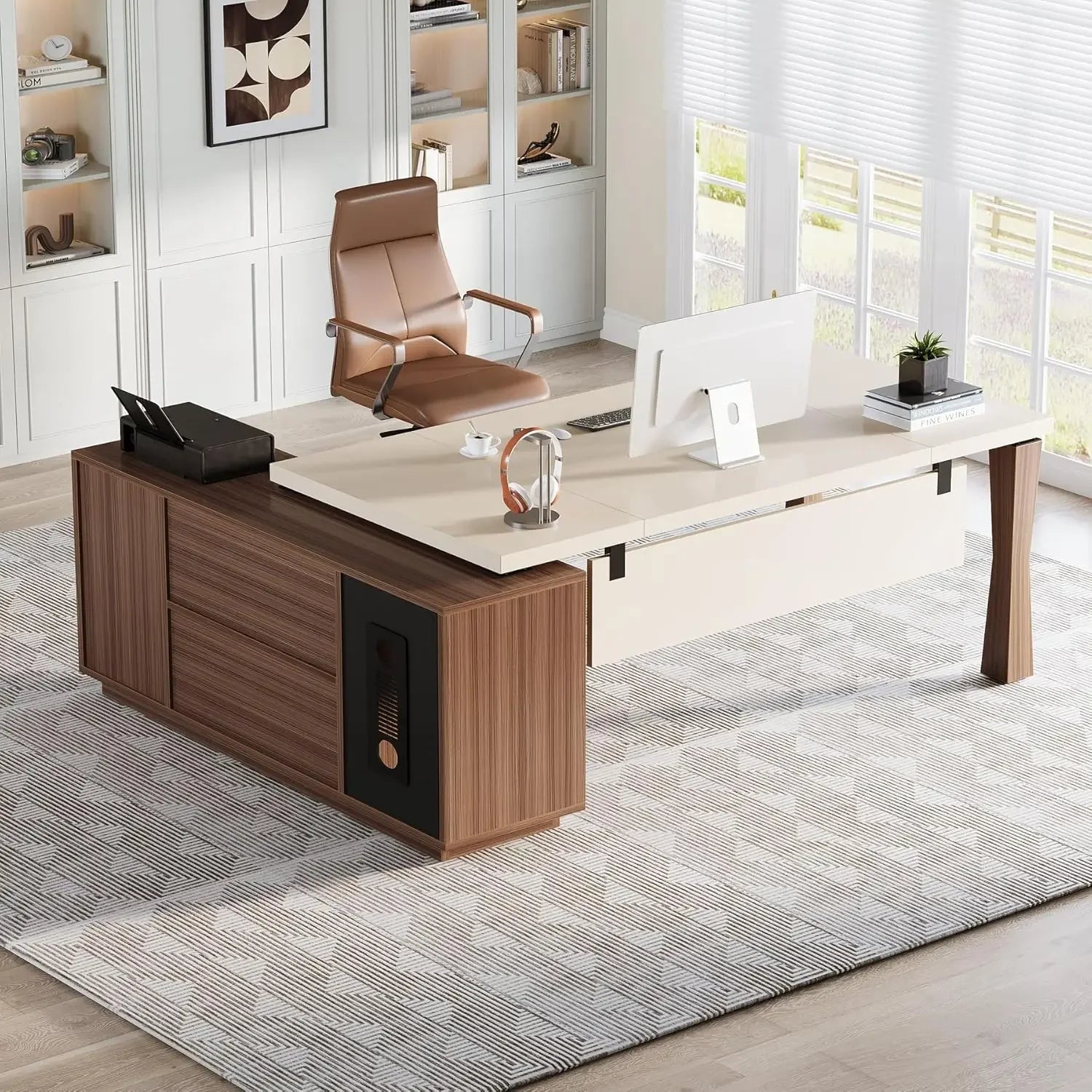 71-Inch Executive Desk, L-Shaped Desk , Large Office Desk,Writing Table Desk Business Furniture Set for Home Office, Cream White
