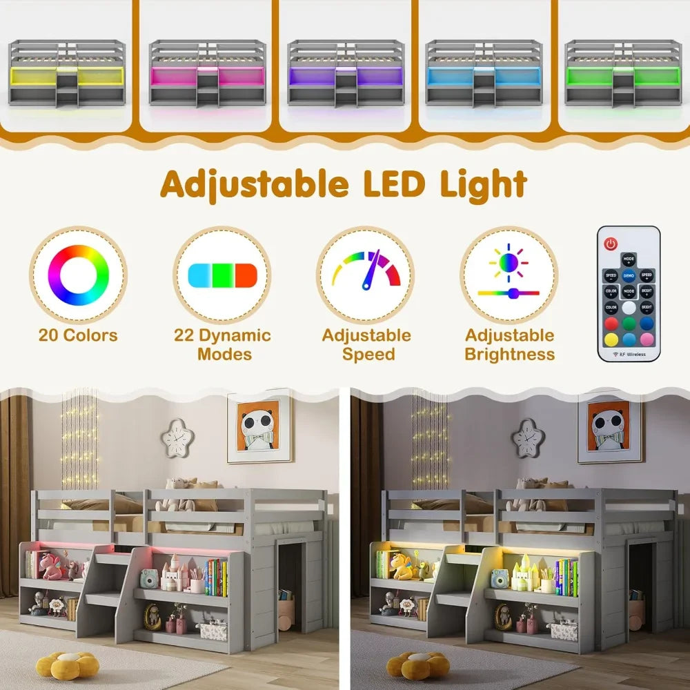 Kids Loft Bed with LED Light, Wooden Double Loft Bed with Stairs and Safety Guardrail, with Storage Bookcase
