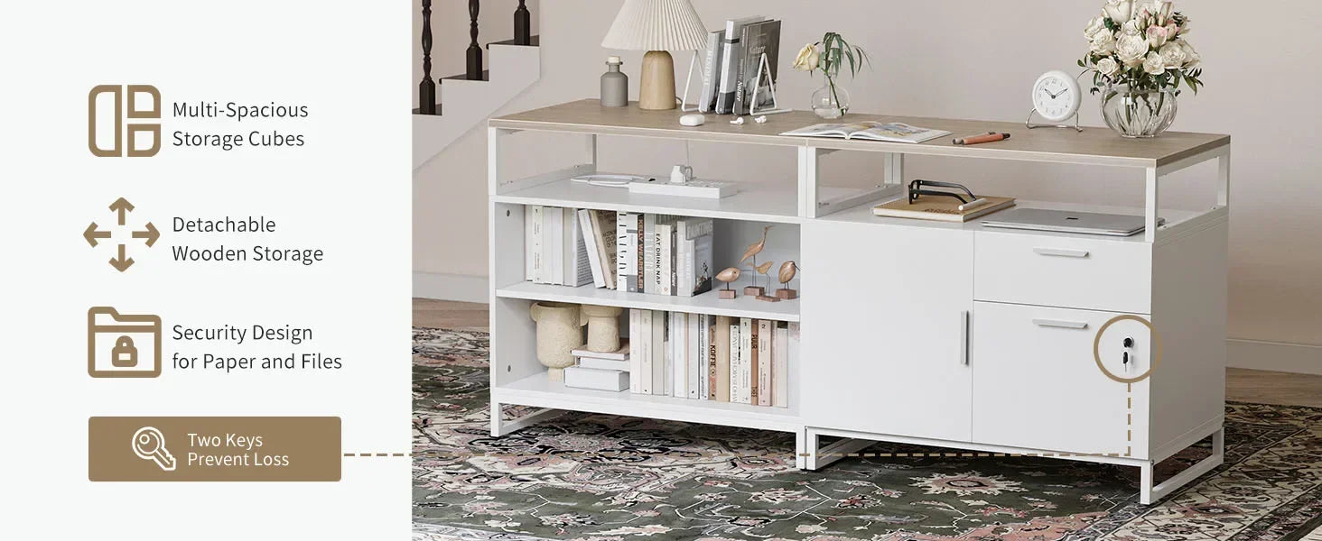 L-Shaped Executive Standing Desk with File Cabinet and Shelves, Electric Height Adjustable, Light Walnut