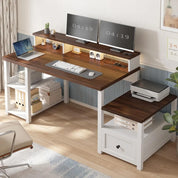 63" Farmhouse Style Computer Desk with Drawers, Storage Shelves and Power Outlets, Home Office Desks with Long Monitor Stand fo