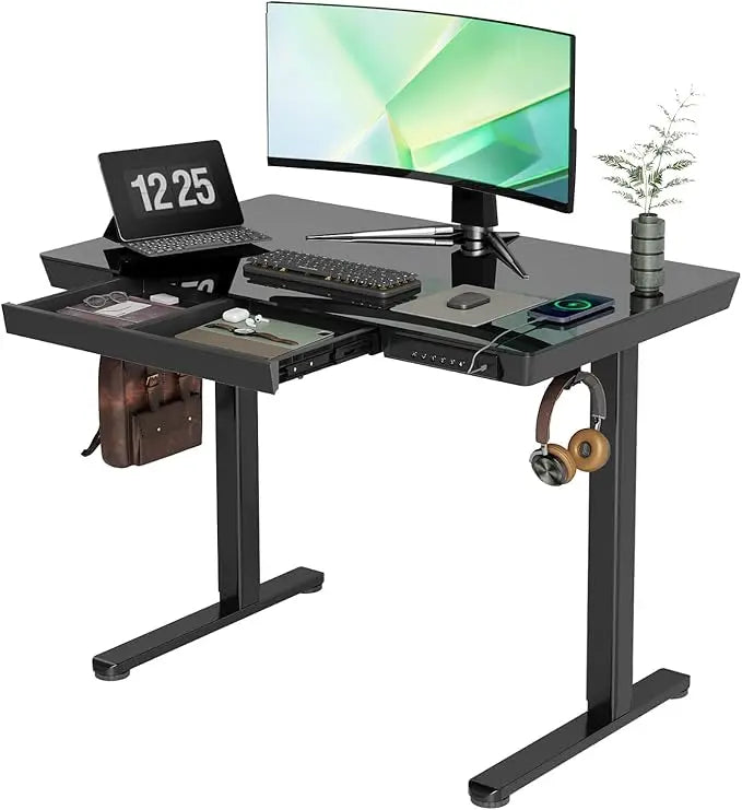 Glass Standing Desk with Drawers, 40 Inch Adjustable Stand Up Desk, Quick Install Home Office Computer Desk with USB Ports, Blac