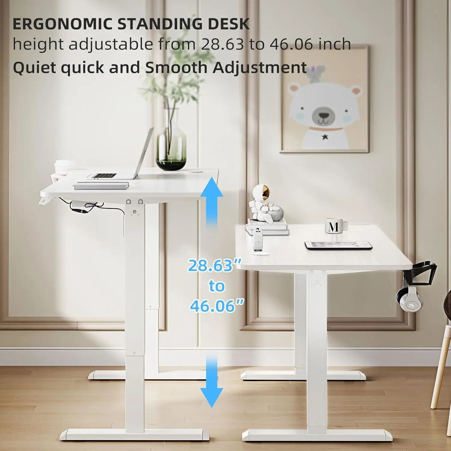 63x24inch Adjustable Desk Electric Standing Desk Sit Stand up Desk Height Adjustable Home Office Workstation White