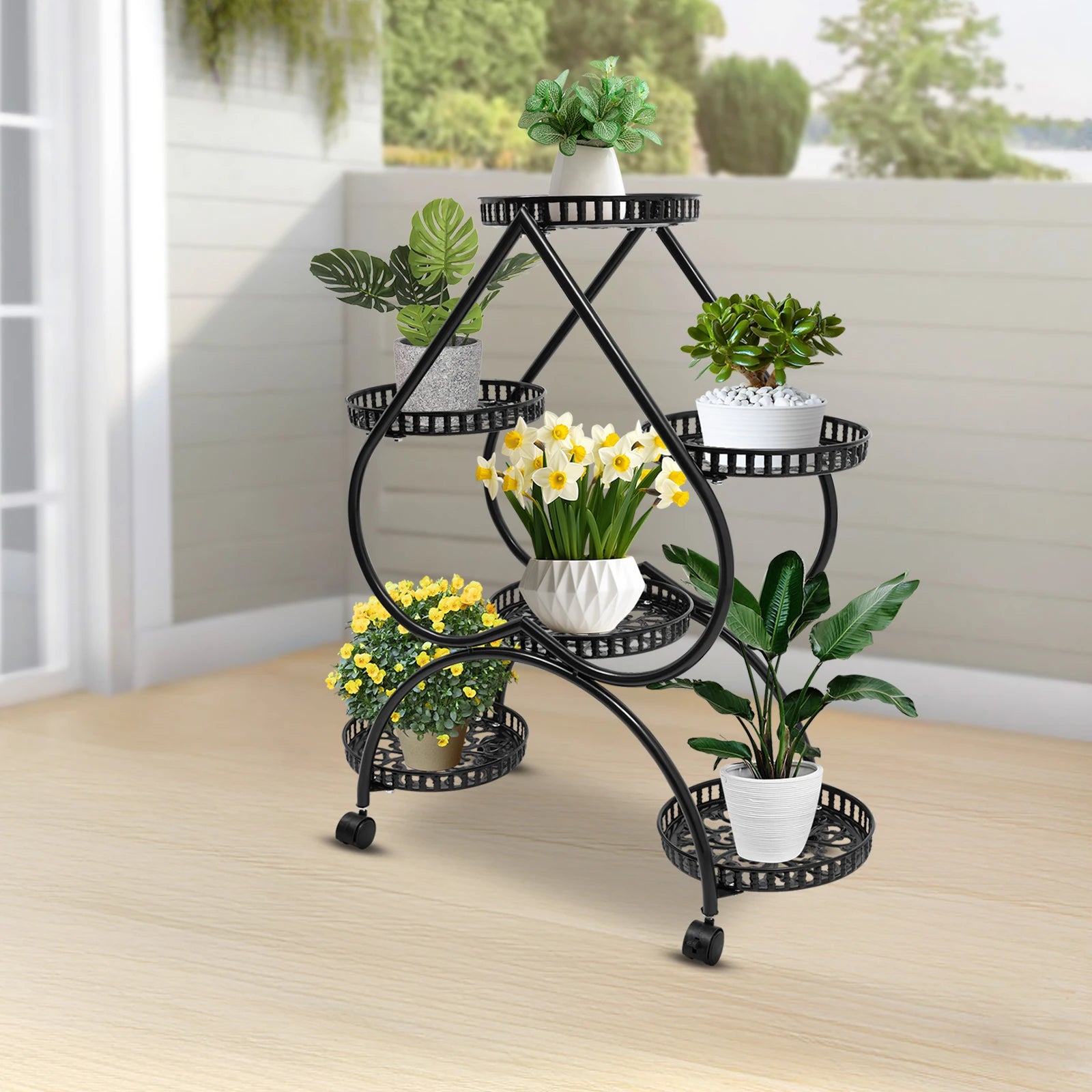 4-Tier Plant Stand with 6 Trays, Iron Frame, Movable and Lockable Wheels for Indoor Gardening and Display