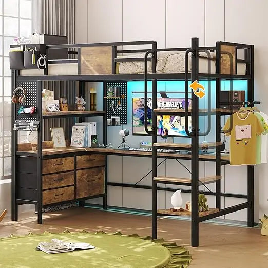 Bunk Bed with Desk Underneath, RGB LED Lights, Charging Station, and 5 Storage Drawer Cabinets