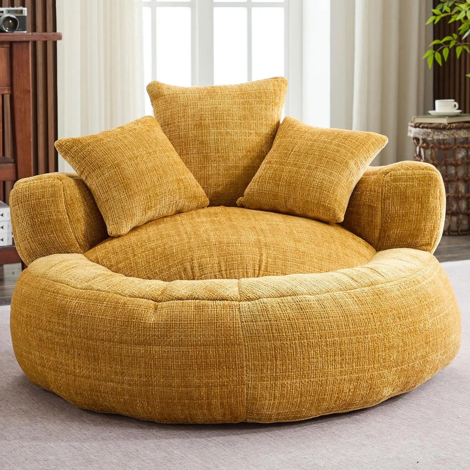 Giant Bean Bag Couch Chairs for Adults, Oversized Lazy Sofa with Memory Foam Filling and 3 Pillows, Soft Chenille Bean Bag Couch