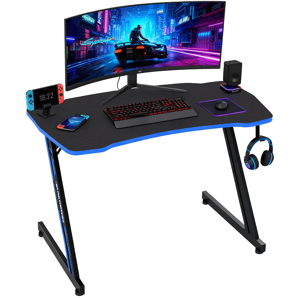 39 Inch Gaming Desk, Z Shaped Ergonomic Computer Gaming Workstation, Ergonomic Gaming Table with Headphone Hook for Game Players