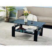 Living Room Rec Coffee Table, Tea Table Suitable For Waiting Room, Modern Side Coffee Table With Wooden Leg, Glass Tabletop