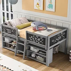 Playful Design Full Size Low Loft Bed with Slide and 3 Storage Drawers, Multiple Functions Wooden Loft Bed Frame with 2 Doors fo