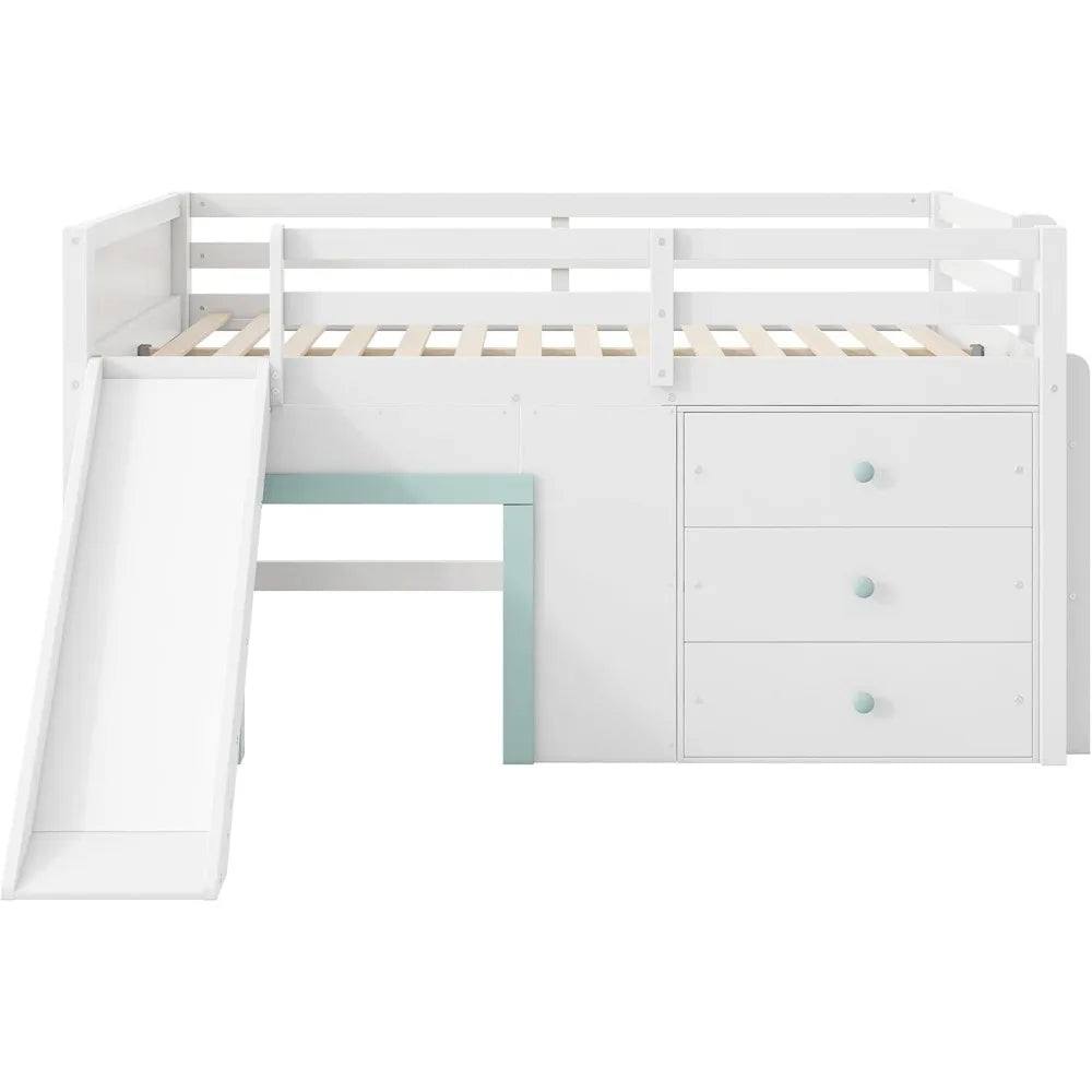 Playful Design Full Size Low Loft Bed with Slide and 3 Storage Drawers, Multiple Functions Wooden Loft Bed Frame with 2 Doors fo