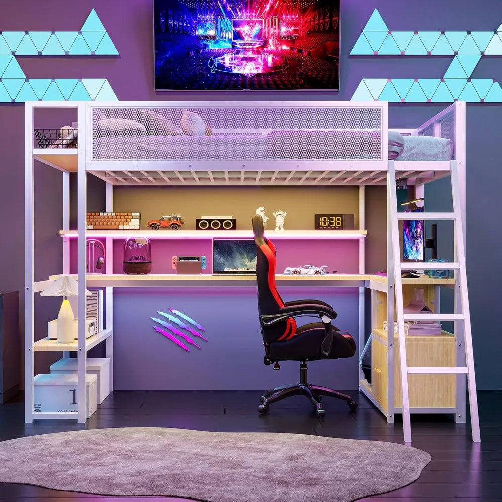 Loft Bed with Desk & Storage Shelves, Twin Size Space-Saving Bed Frame with LED Lights, Charging Station, Safety Guardrails, Eas