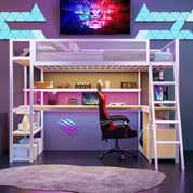 Loft Bed with Desk & Storage Shelves, Twin Size Space-Saving Bed Frame with LED Lights, Charging Station, Safety Guardrails, Eas