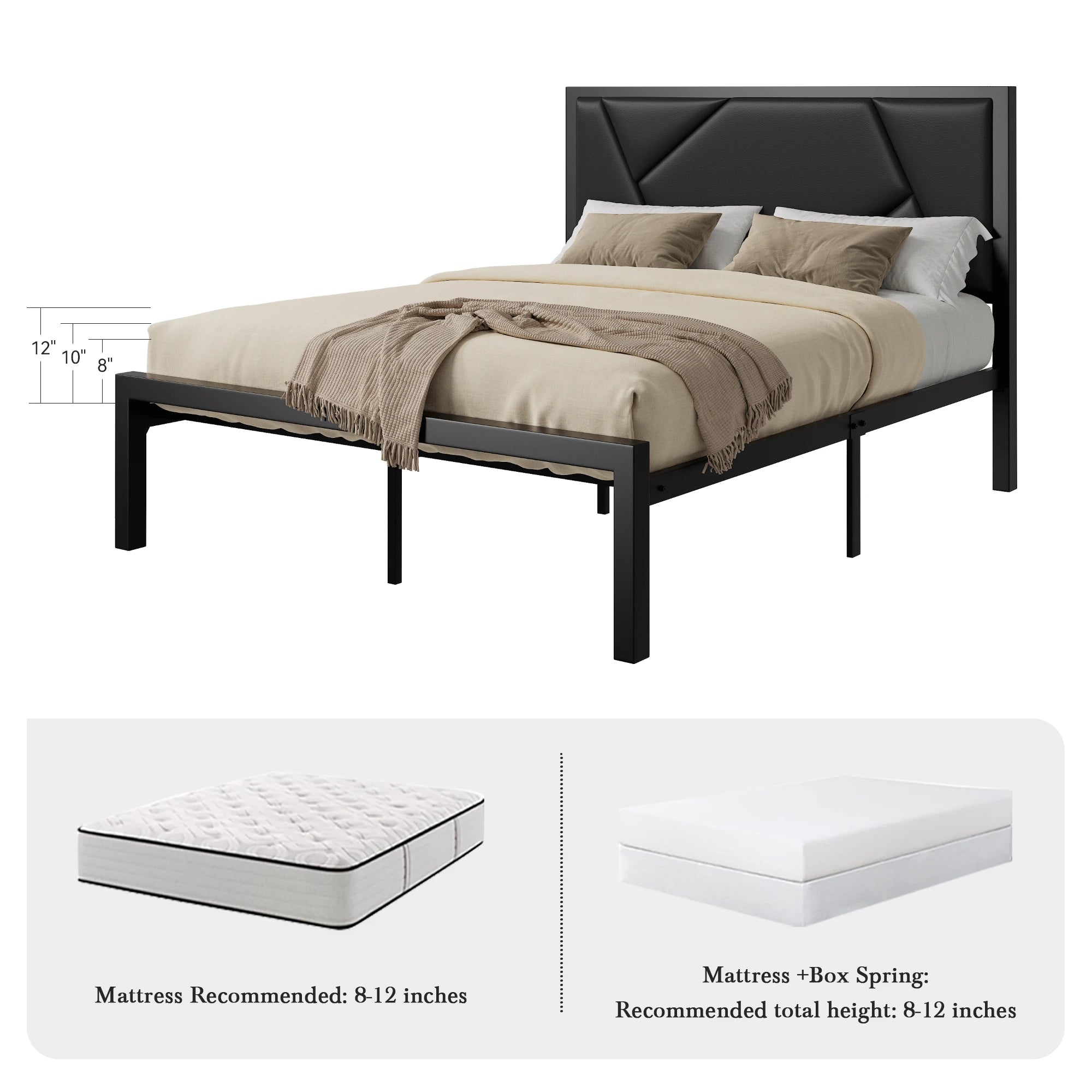 HOOMIC Metal Bed Frame with Upholstered Headboard, Litchi Grain Faux Leather Design, Easy Assembly, No Box Spring Needed Allewie