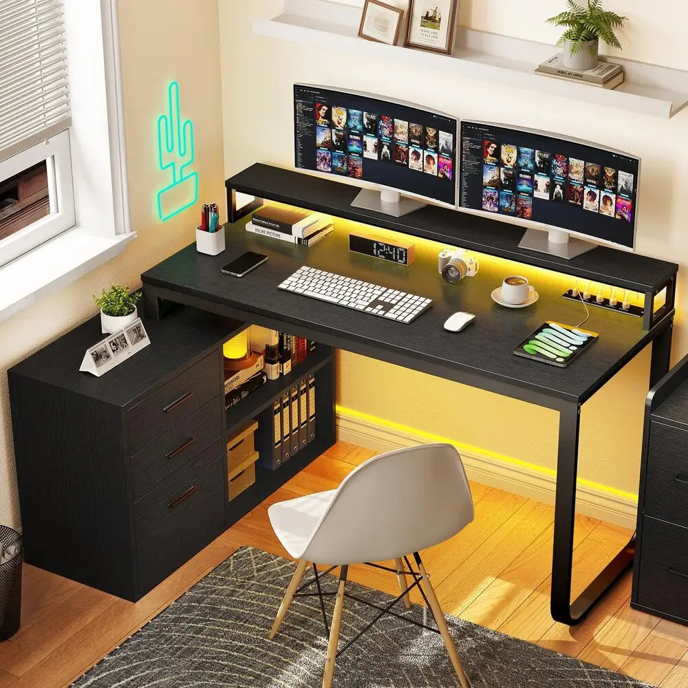 FurnishSpot Corner Computer Desk with File Cabinets | Office Desk with Power Outlets, USB & LED Lights