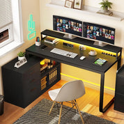FurnishSpot Corner Computer Desk with File Cabinets | Office Desk with Power Outlets, USB & LED Lights