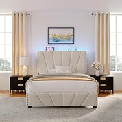 EnHomee King Size Bed Frame with Velvet Headboard and LED Lights, Storage Headboard Platform Bed with Charging Station, Sturdy W