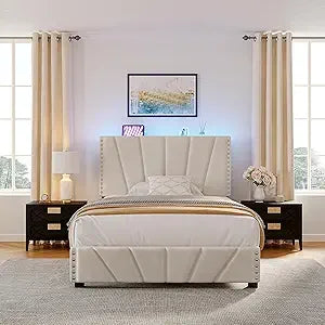 EnHomee King Size Bed Frame with Velvet Headboard and LED Lights, Storage Headboard Platform Bed with Charging Station, Sturdy W