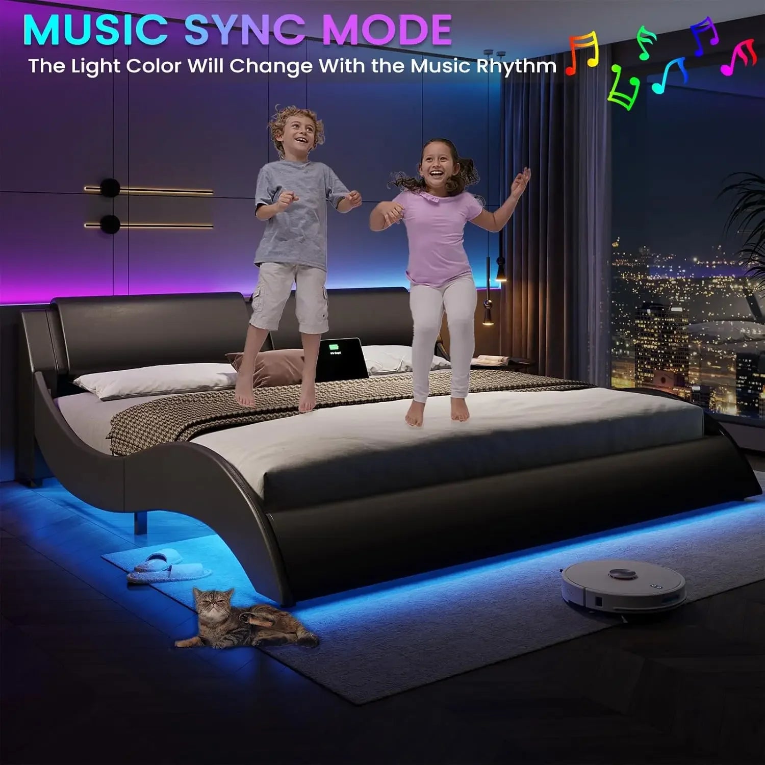 King Size Bed Frame with Headboard and Charging Ports Modern Low Profile King Platform Bed Frame with LED Lights Wave Like