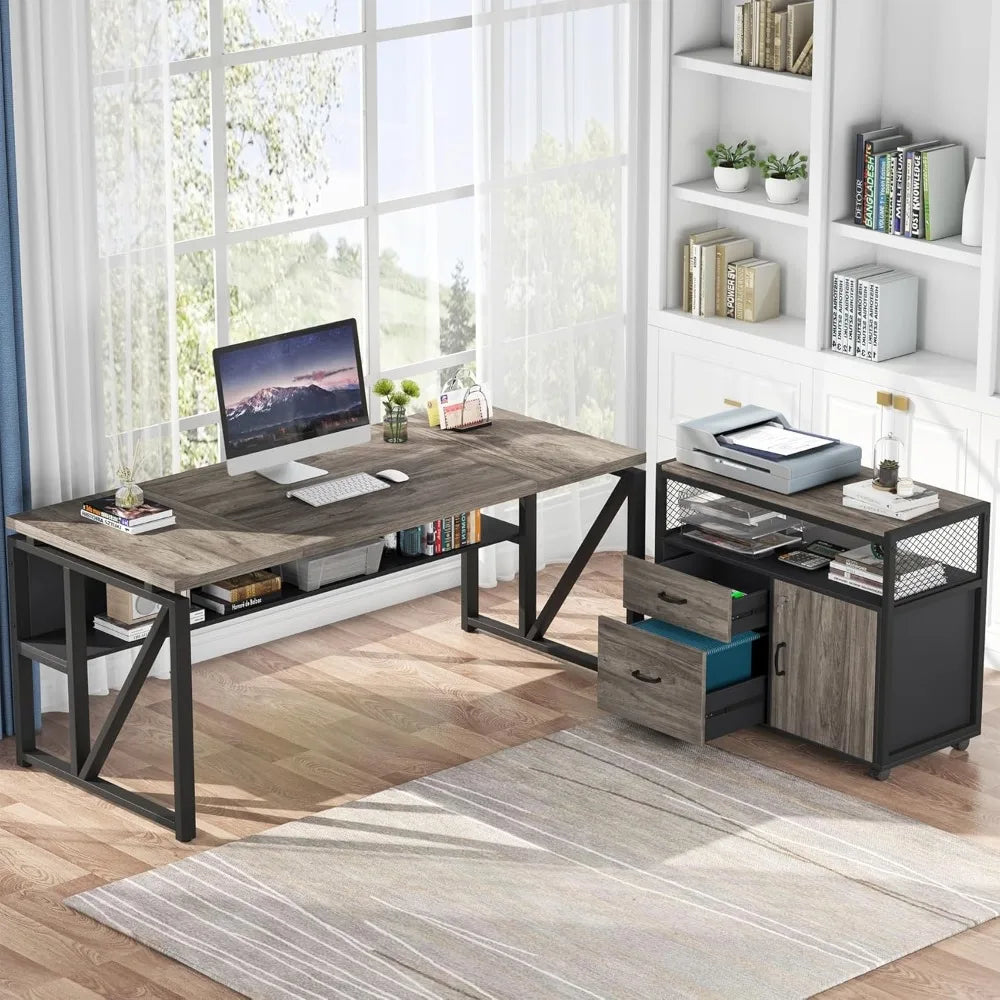 L Shaped Executive Computer Desk and lateral File Cabinet
