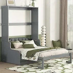 Full Murphy Bed with Storage Shelves, Drawers, LED Light, and Flexible Slats Support