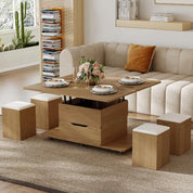FurnishSpot Natural Lift-Top Coffee Table with Hidden Storage | 3-in-1 Multifunction Center Table with 4 Stools