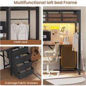 Loft Bed Twin Size with L Shape Desk,4 Drawers,3-Tier Storage Shelves Metal Loft Bed Frame with Power Outlet and LED Lighted,No