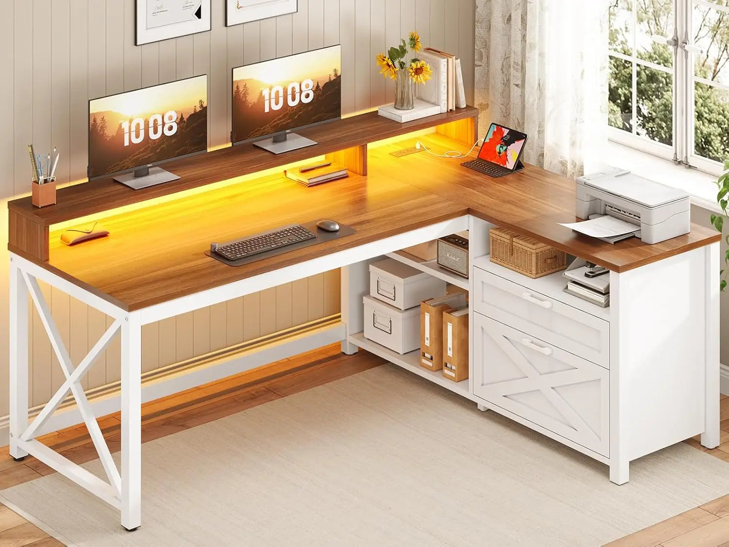 FurnishSpot® Farmhouse L-Shaped Computer Desk with LED Lights, Monitor Stand & File Drawer