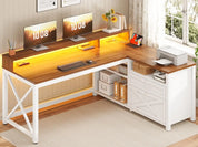 FurnishSpot® Farmhouse L-Shaped Computer Desk with LED Lights, Monitor Stand & File Drawer