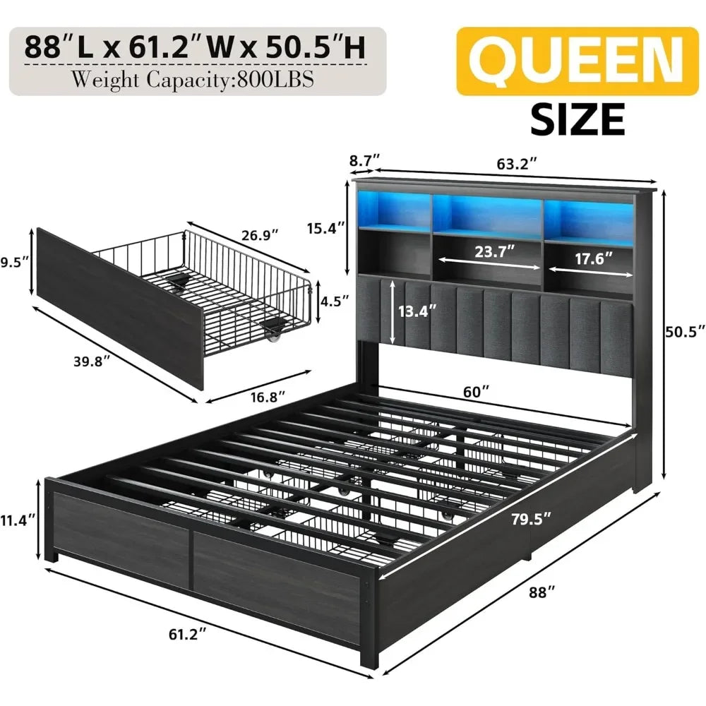 Bed Frame Queen Bed Headboard, Queen  Storage Bookcase Headboard,4 Storage Drawers & Charging Station & LED,No Box Spring Needed