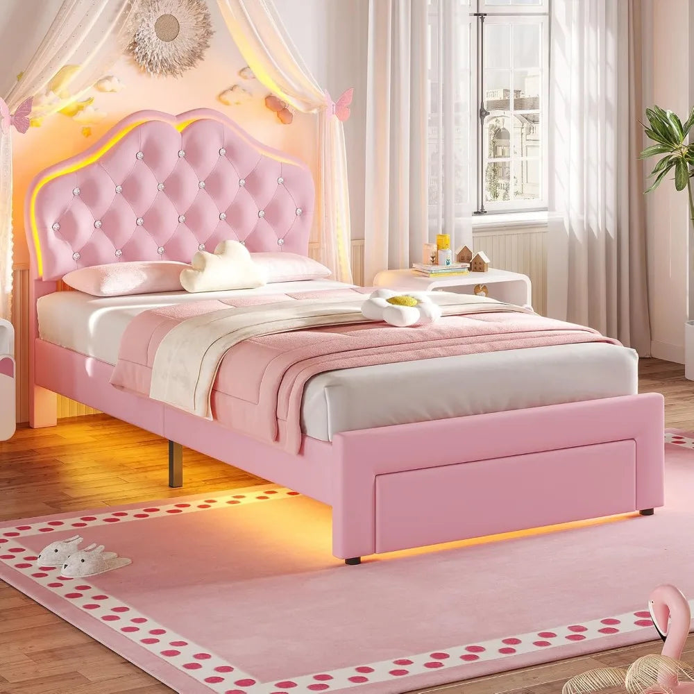 FurnishSpot Twin Size LED Upholstered Platform Bed for Girls, Adjustable Velvet Crystal Button Headboard with Storage Drawer