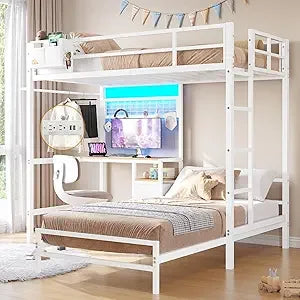 Bunk Bed Twin Over Twin Size with Desk and Charging Station L-Shaped Metal Bunk Bed with Led Lights & Storage Shelves and Drawe