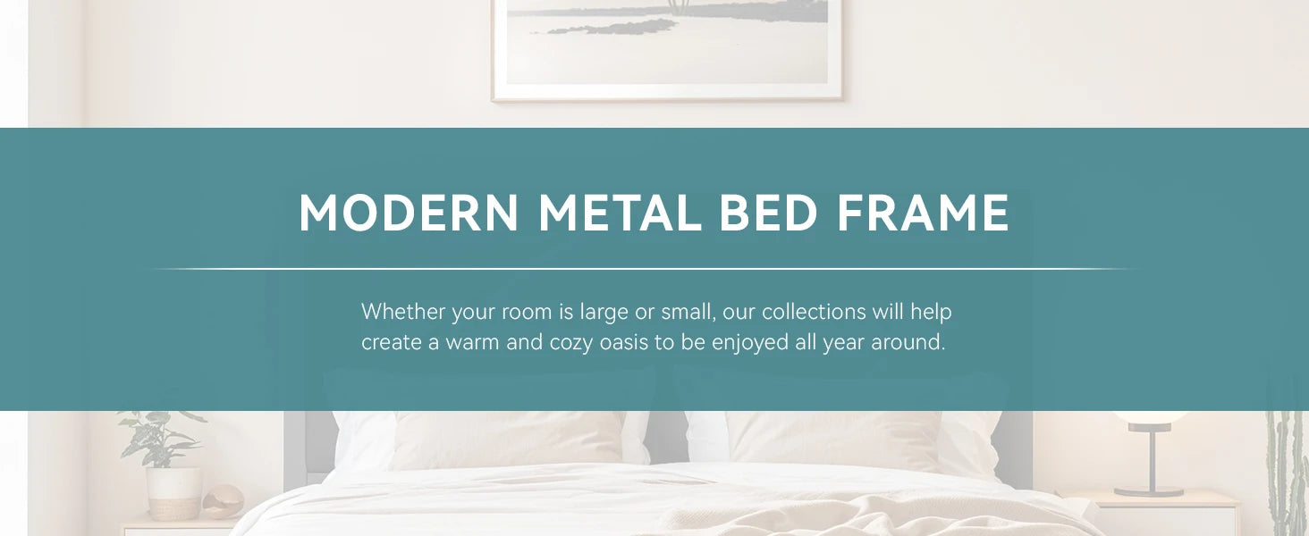 HOOMIC Metal Bed Frame with Upholstered Headboard, Litchi Grain Faux Leather Design, Easy Assembly, No Box Spring Needed Allewie