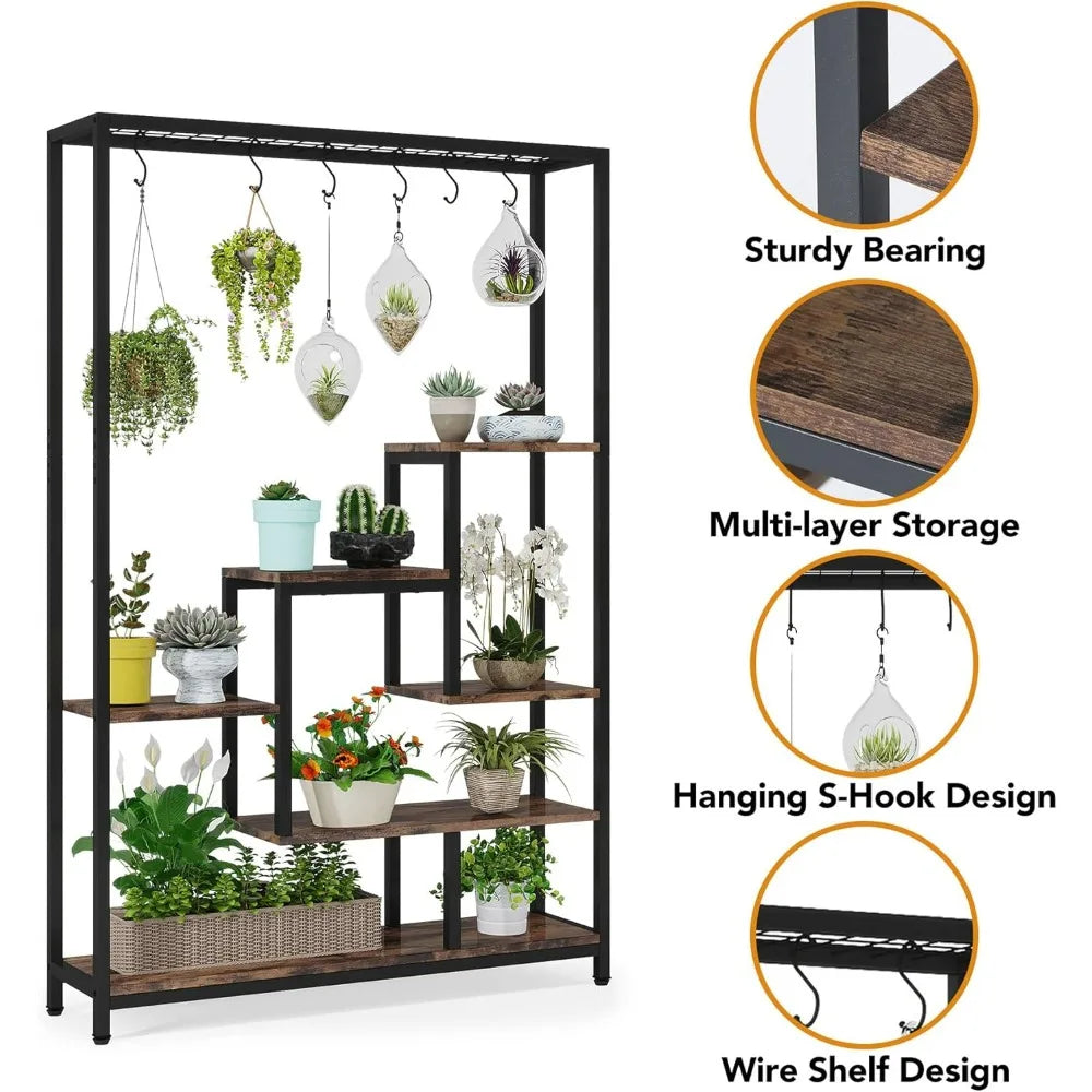 Indoor Plant Stand, 70.9 inches Large Metal Plant Shelf with 6PC S Hanging Hooks