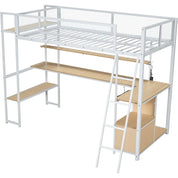 Loft Bed with Desk & Storage Shelves, Twin Size Space-Saving Bed Frame with LED Lights, Charging Station, Safety Guardrails, Eas