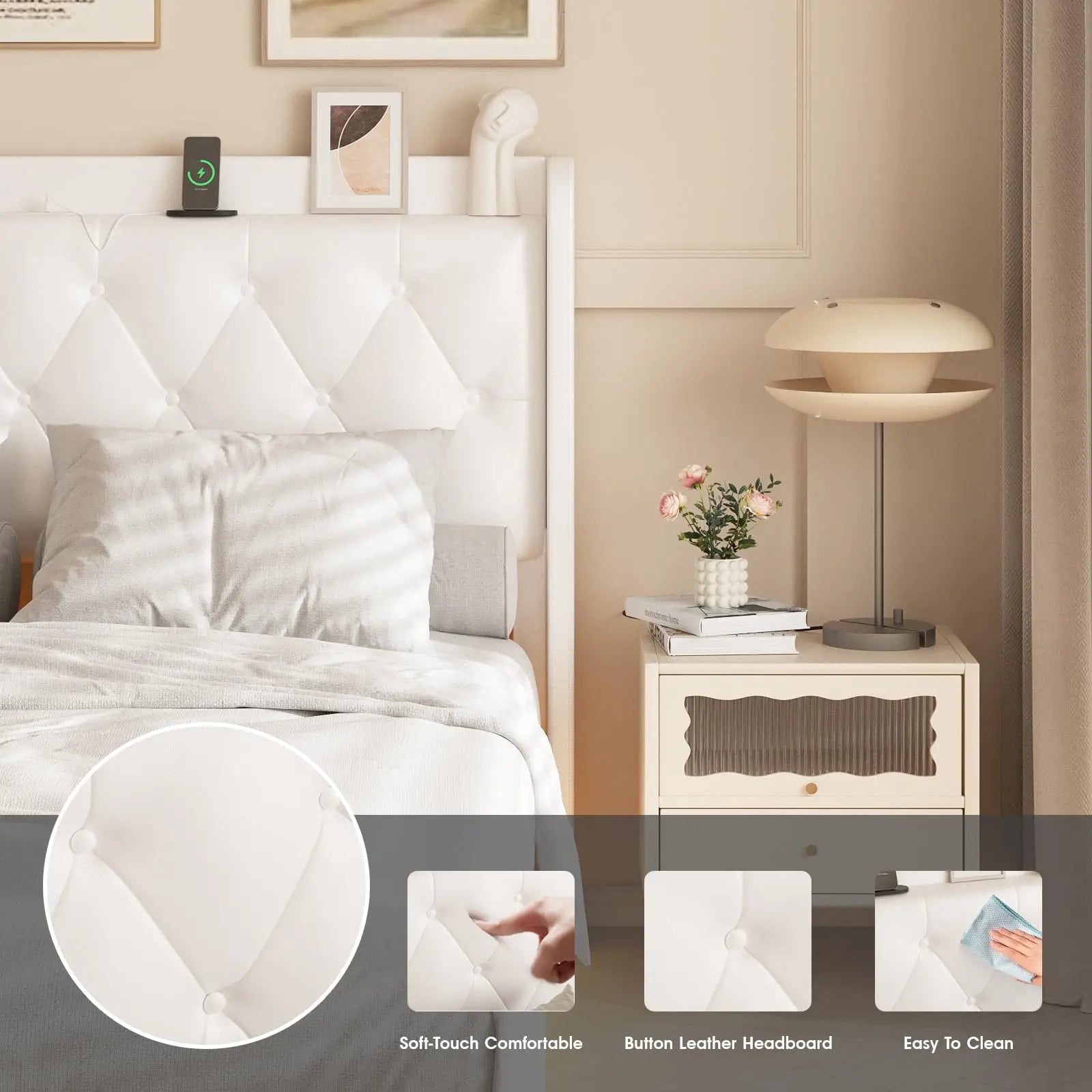 Vabches Floating Queen Bed Frame with LED Lights Upholstered PU Leather Platform Bed Frame with Power Outlet Storage Headboard
