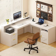 63" Farmhouse L Shaped Executive Desk with Drawers & Storage Shelf, Corner Computer Desk with Power Outlets, L Shaped Office Des