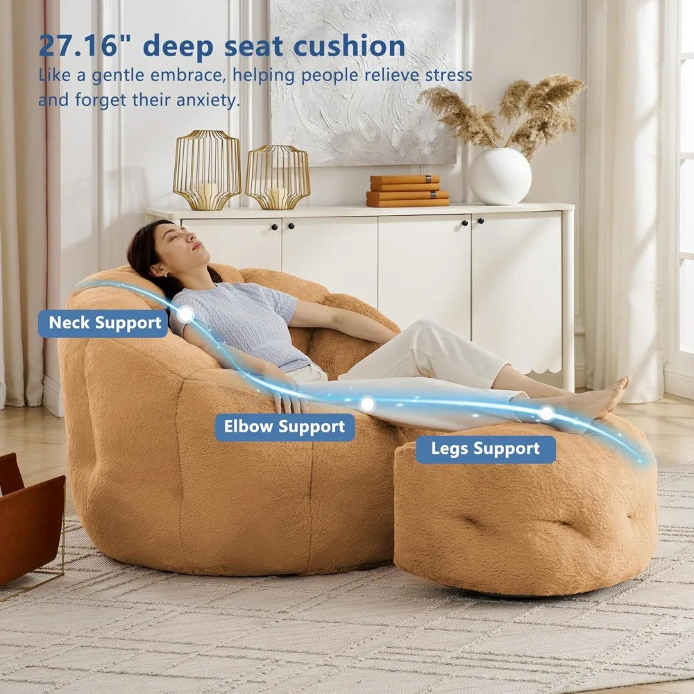 Flower Bean Bag Chair with Ottoman for Adults,Large Beanbag Chair with Artificial Rabbit Fur Fabric,Comfy Single Sofa